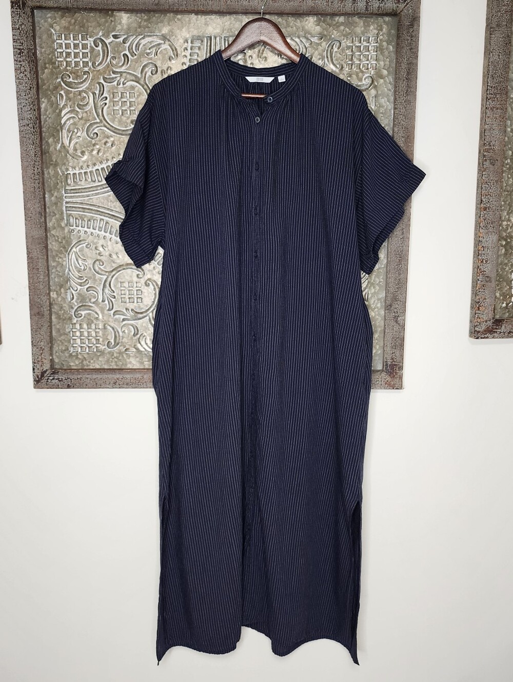 Uniqlo Navy Pinstripe Short-Sleeve Linen Blend Oversized Shirt Dress Larg Casual